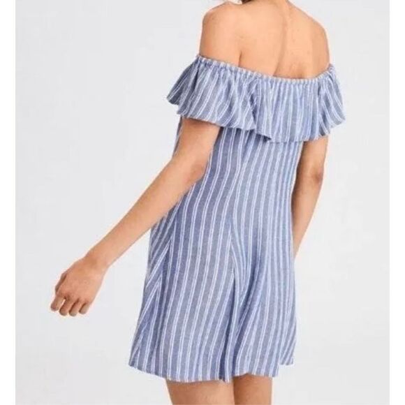 American Eagle woven and ruffled off the shoulder blue and white striped dress - Picture 2 of 7